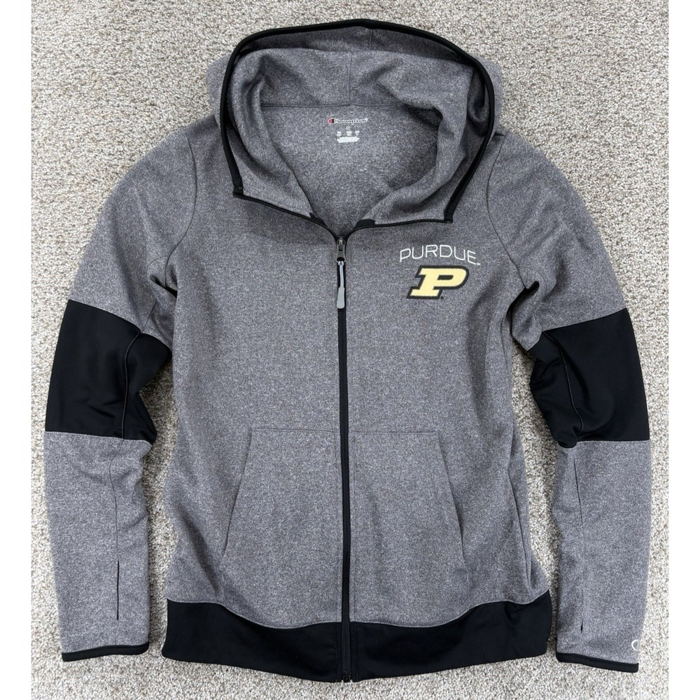 CHAMPION Purdue Boilermakers Full Zip Sweatshirt Womens S Gray Black Thumb Holes